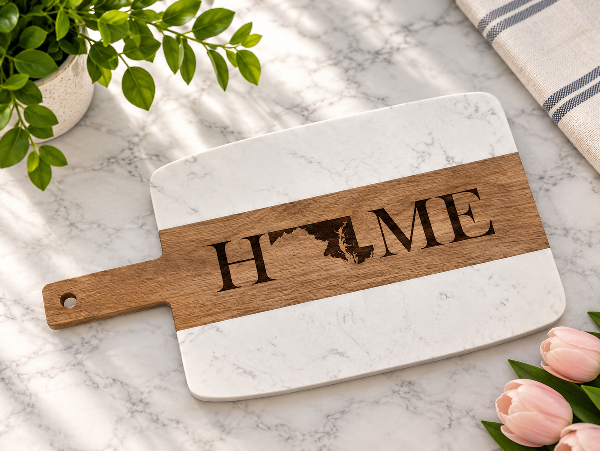 Large Maryland Themed Rectangular Marble and Acacia Serving Board