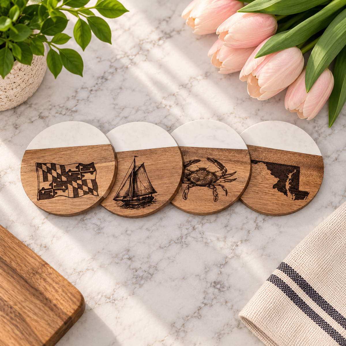 Maryland Marble & Acacia Coasters (Set A)