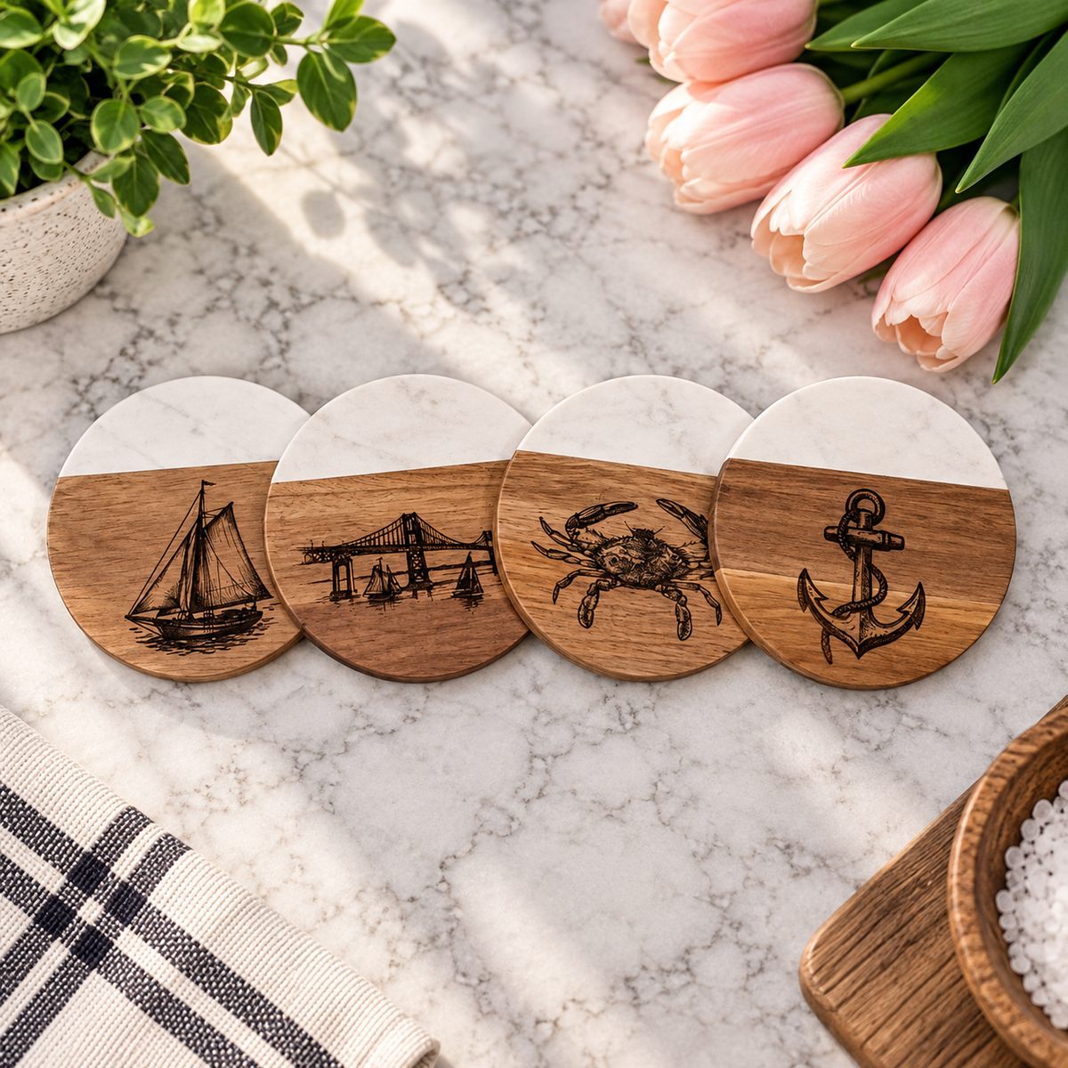 Maryland Marble & Acacia Coasters (Set B)