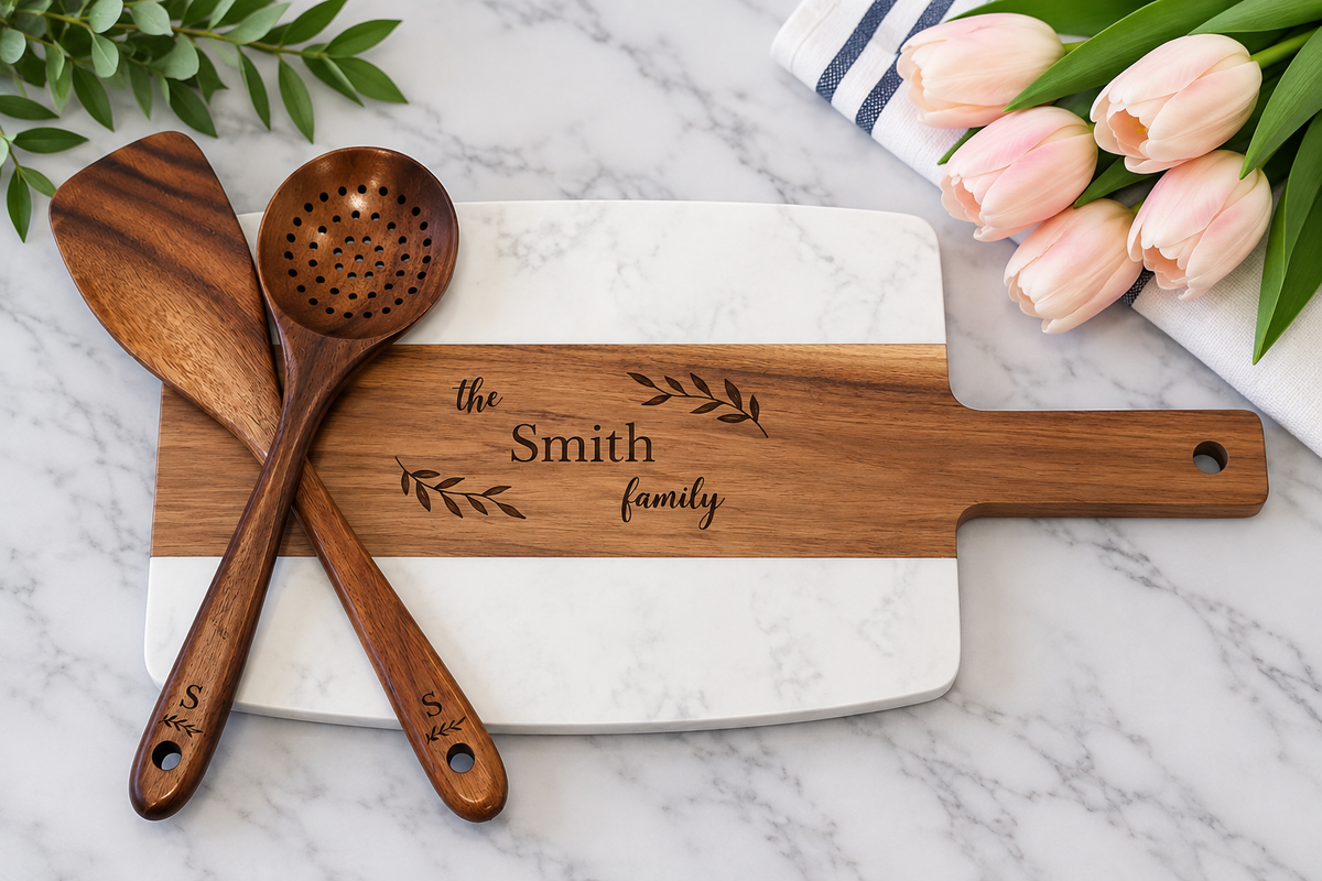 Small Rectangular Marble and Acacia Serving Board