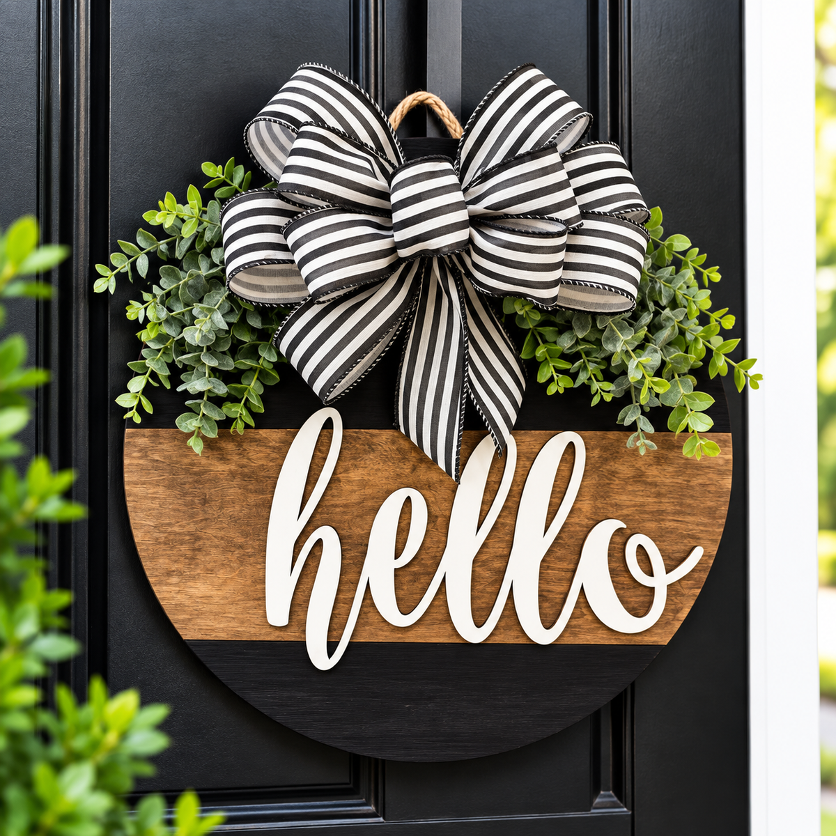 Hello Black and Stained Wood Door Hanger