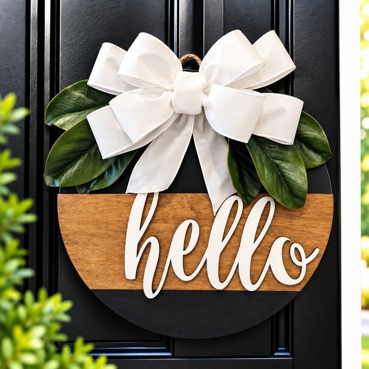 Hello-Wood Stained Door Hanger
