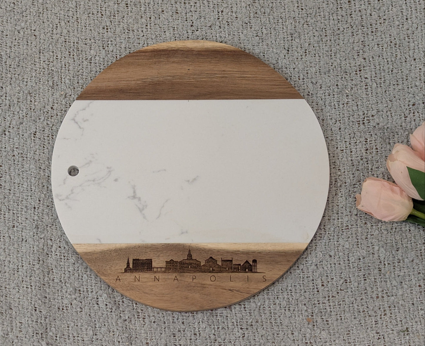 Maryland Themed Skylines and Landmarks Round Marble and Acacia Board