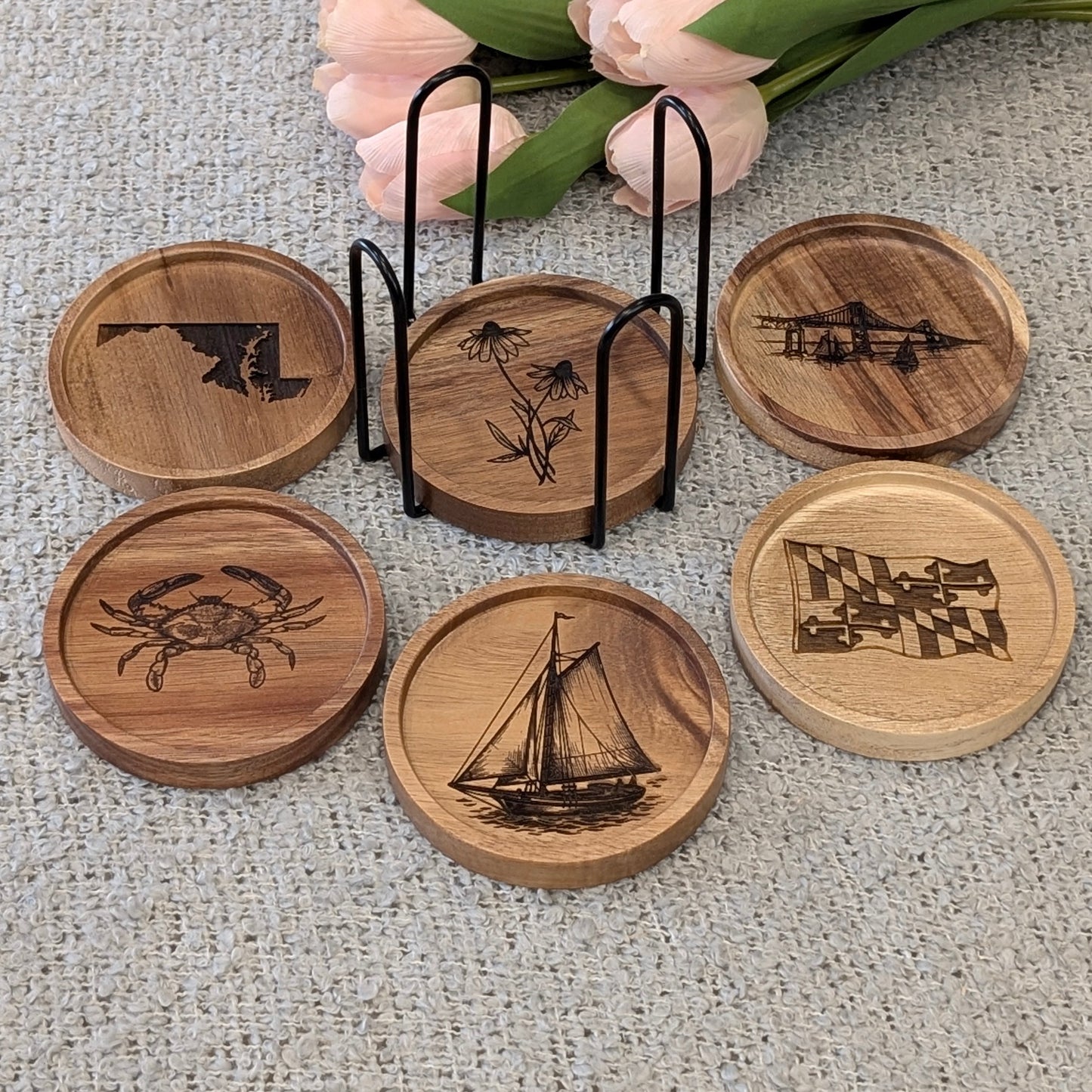 Maryland Themed Wood Coaster Set with Holder- Chose Your Own Design