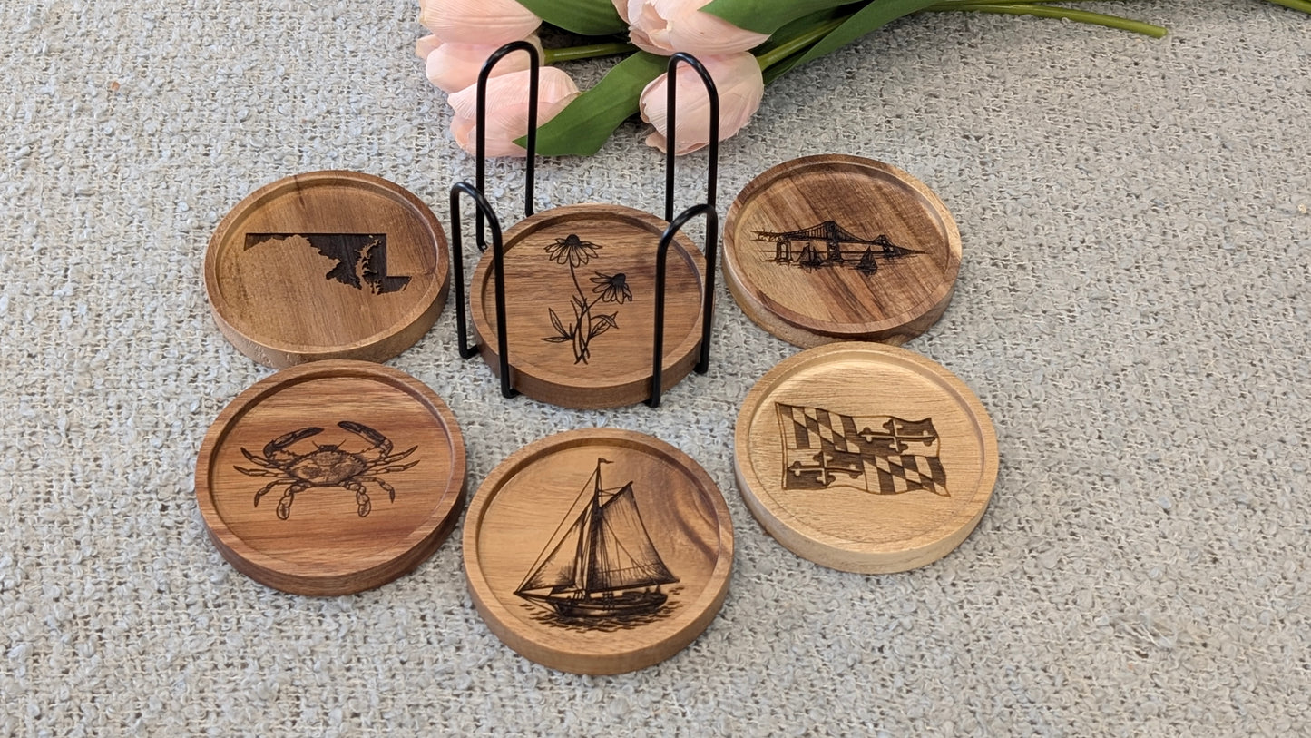 Maryland Themed Wood Coaster Set with Holder