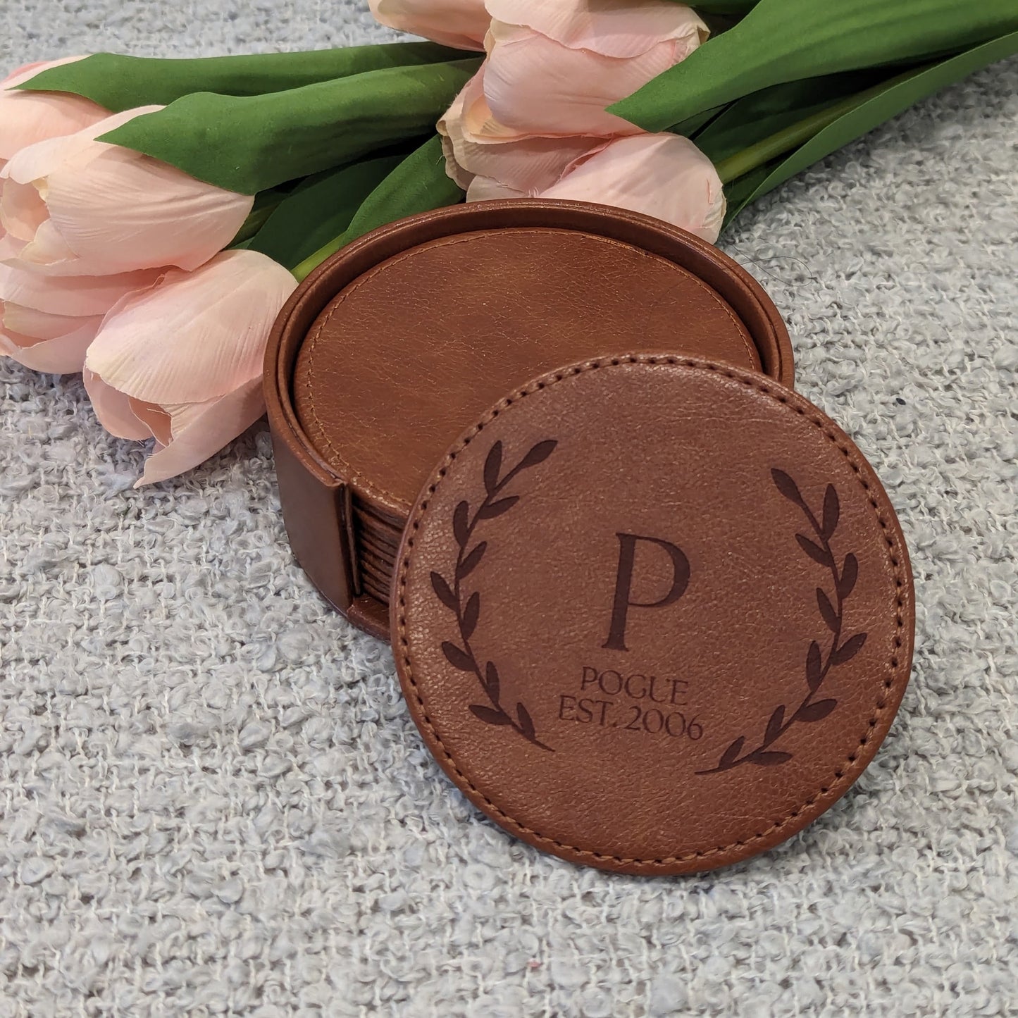 Personalized Brown Leather Coasters image 1
