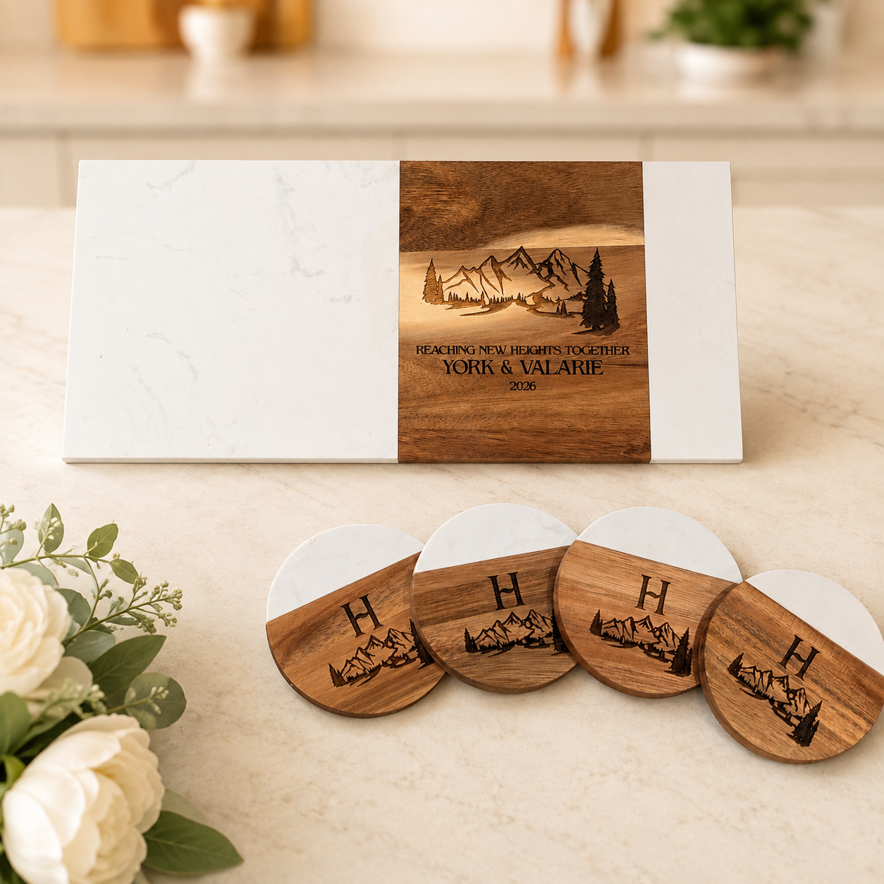 Mountain Vista Personalized Cutting Board & Coaster Set