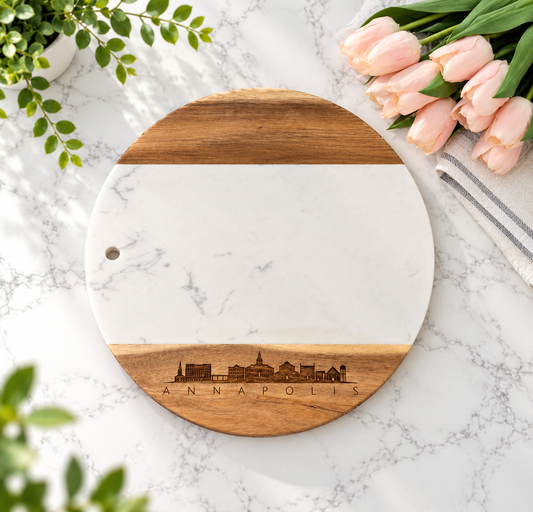 Maryland Themed Skylines and Landmarks Round Marble and Acacia Board