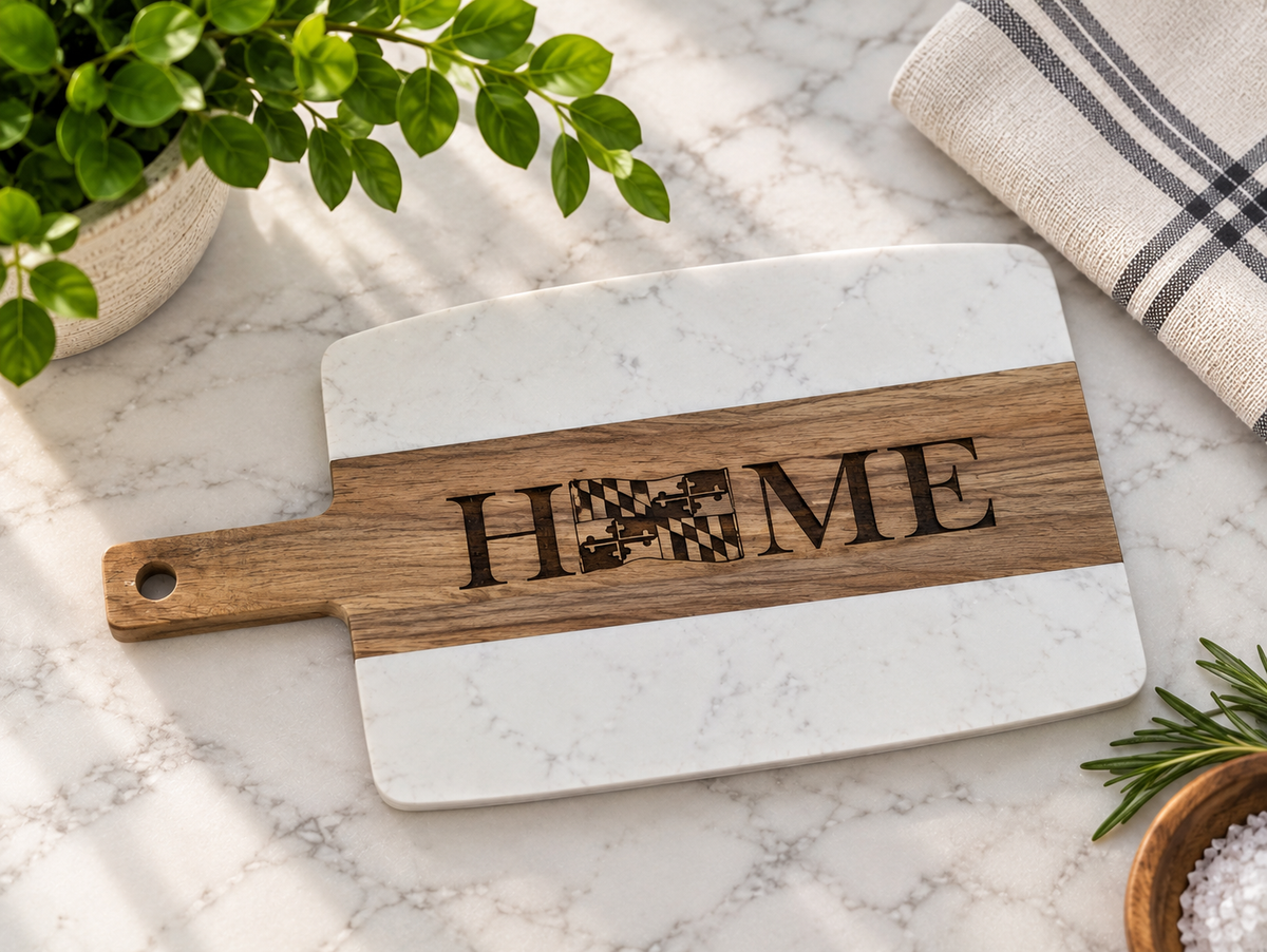 Small Maryland Themed Rectangular Marble and Acacia Serving Board