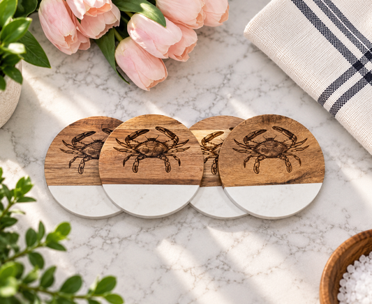 Maryland Themed Marble & Acacia Coasters- One Design