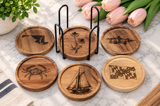 Maryland Themed Wood Coaster Set with Holder