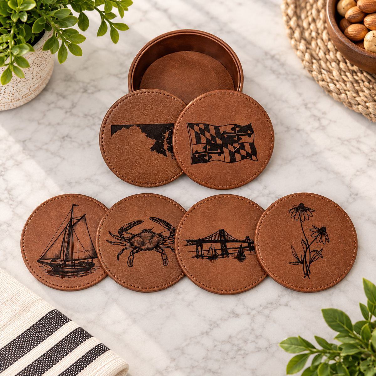 Maryland Themed Brown Leather Coasters with Holder- Chose Your Own Design