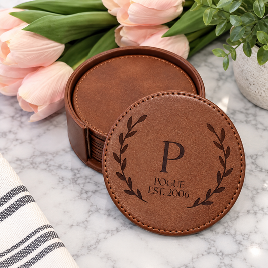 Personalized Brown Leather Coasters with Holder