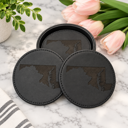 Personalized Black Leather Coasters with Holder