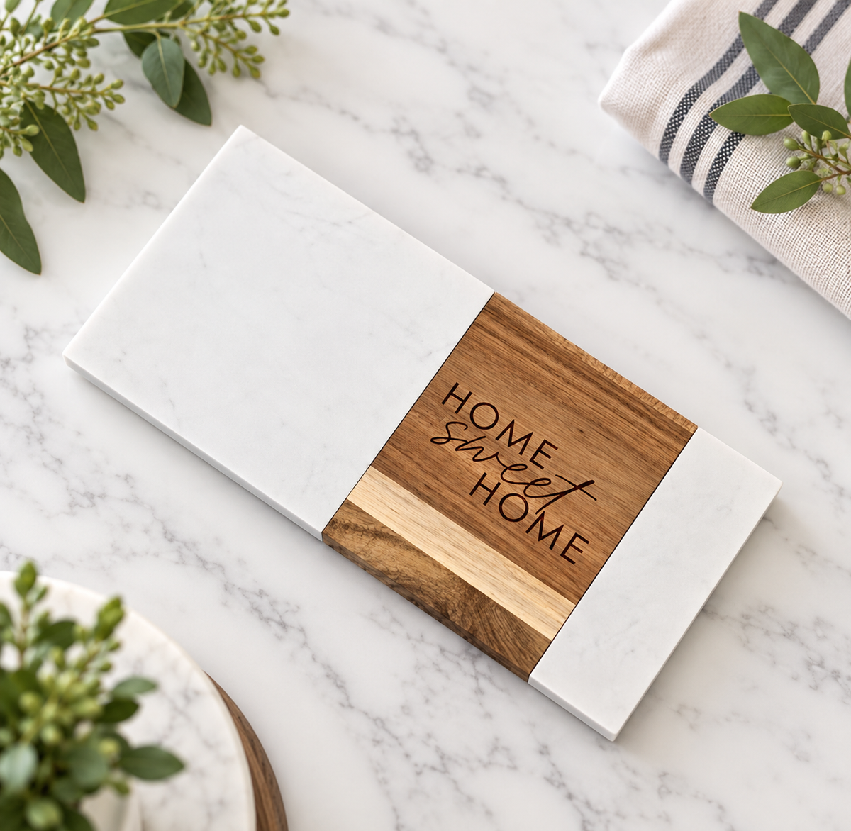 Marble and Acacia Home Sweet Home Serving Board