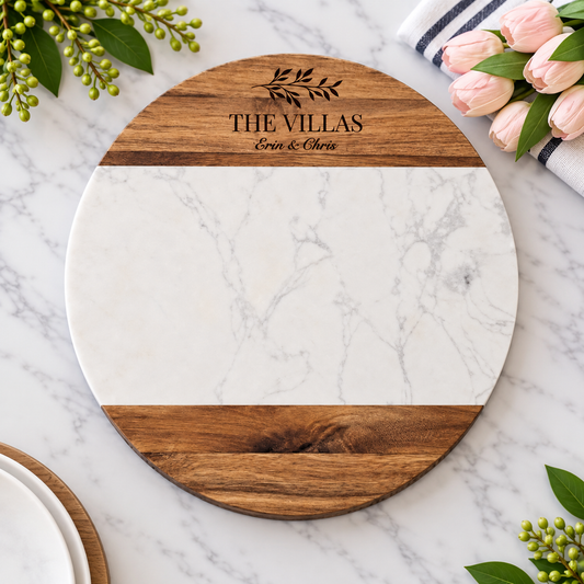 Personalized Round Marble & Acacia Serving Board