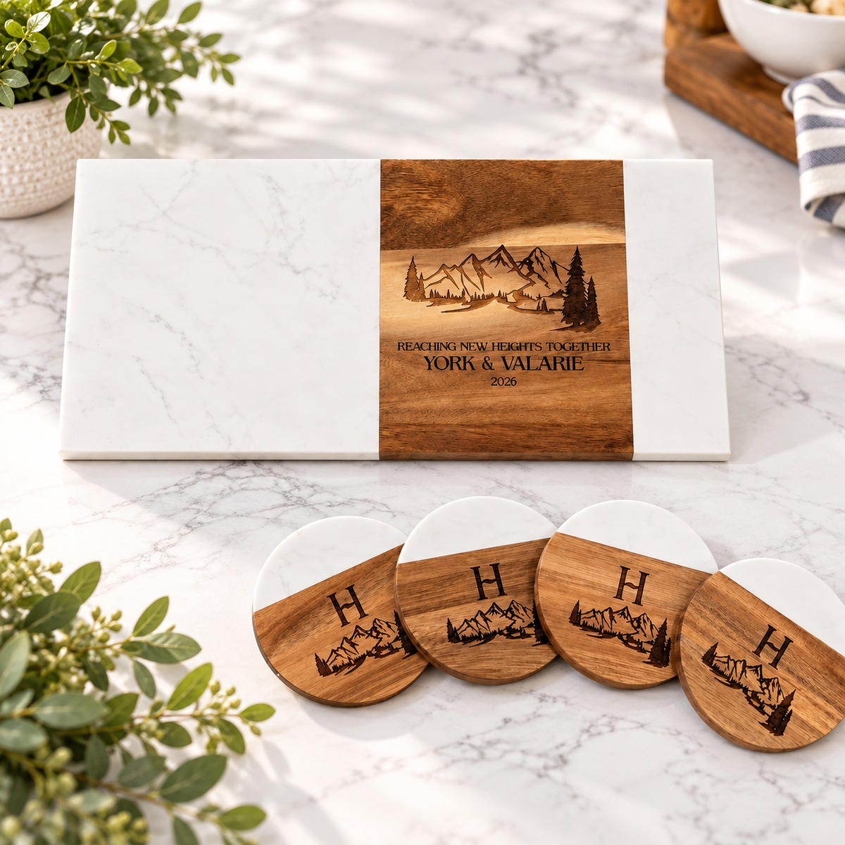 Mountain Vista Personalized Cutting Board & Coaster Set