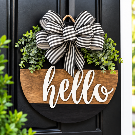 Hello Black and Stained Wood Door Hanger