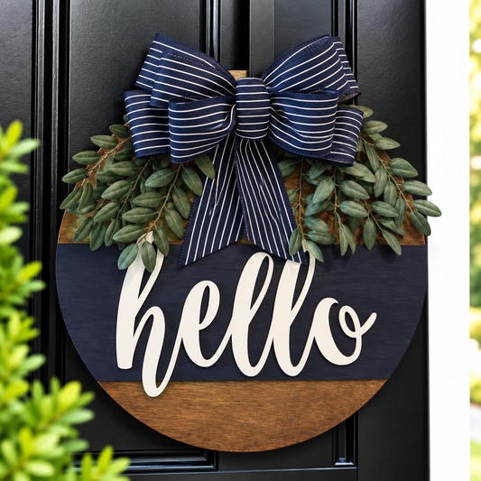 Navy and Walnut "Hello" Door Hanger