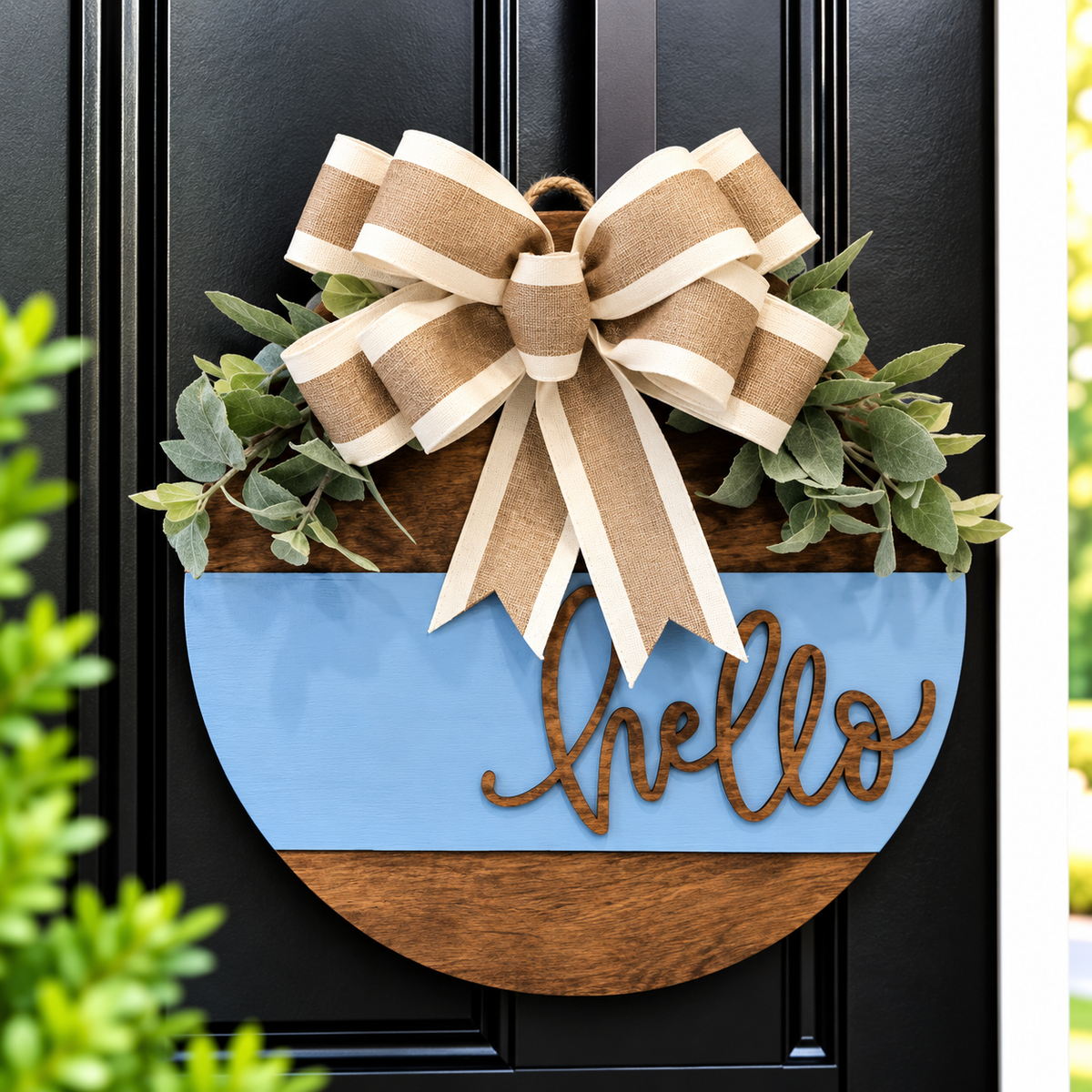 Sky Blue "Hello" Burlap Door Hanger