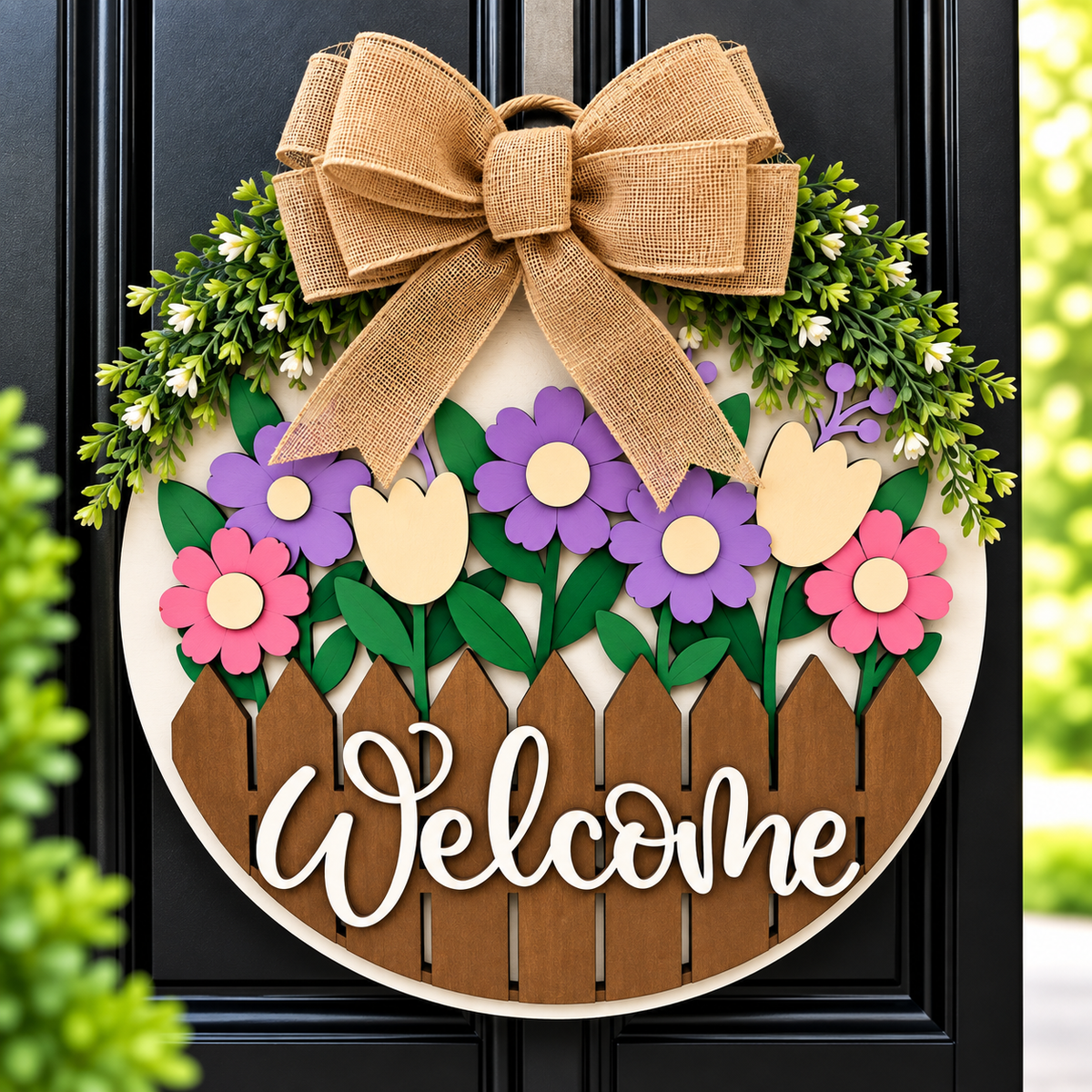 Floral Fence Welcome Door Hanger