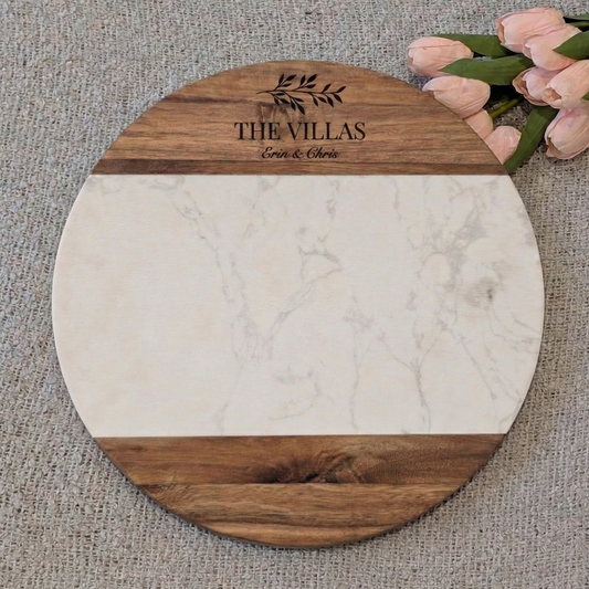 Personalized Round Marble & Acacia Serving Board
