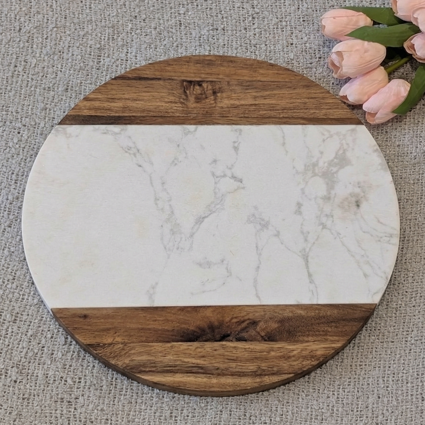 Personalized Round Marble & Acacia Serving Board