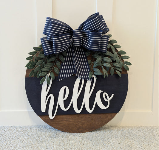 Navyy and Walnut "Hello" Door Hanger