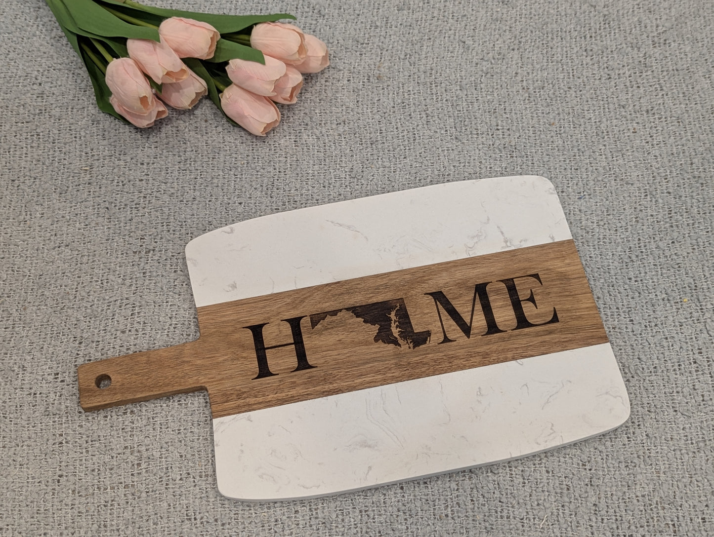 Large Maryland Themed Rectangular Marble and Acacia Serving Board