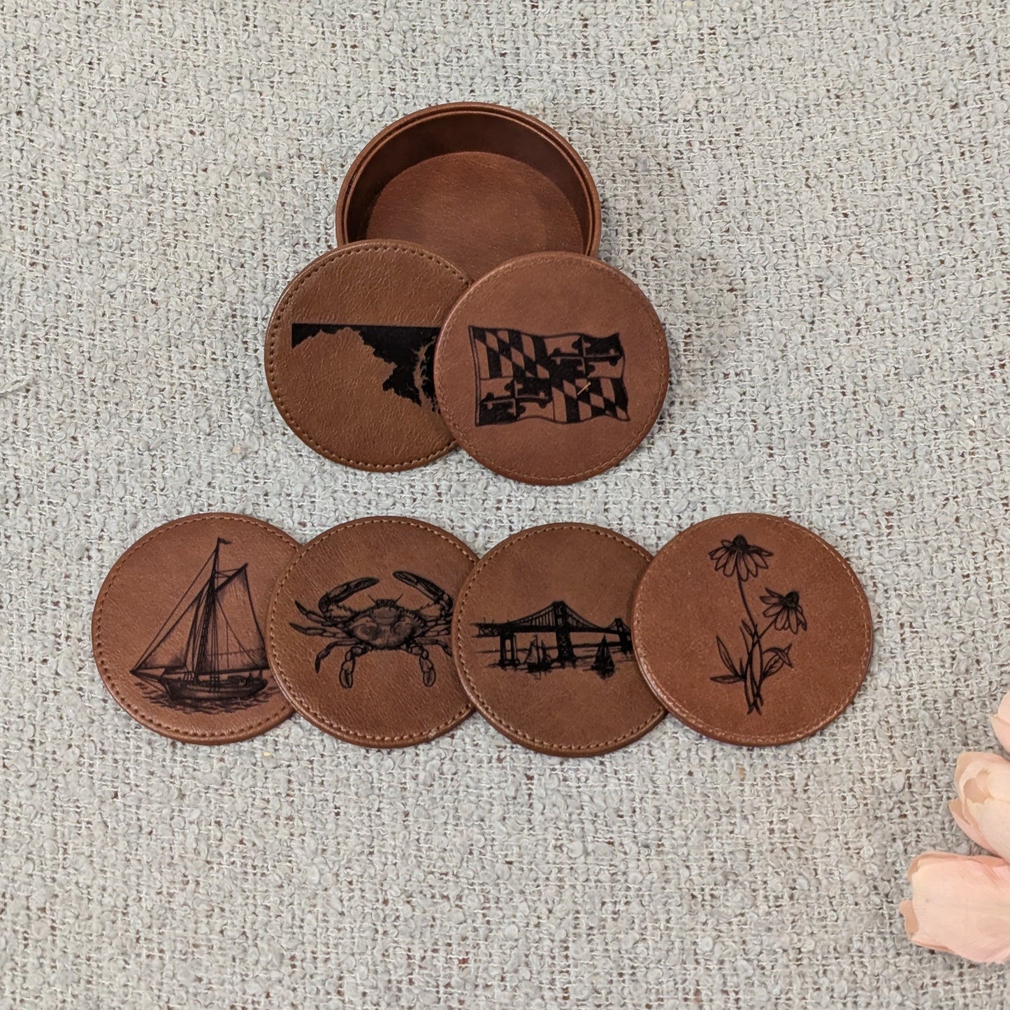 Maryland Themed Brown Leather Coasters with Holder