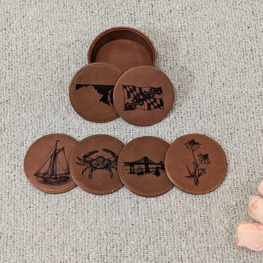 Maryland Themed Brown Leather Coasters with Holder
