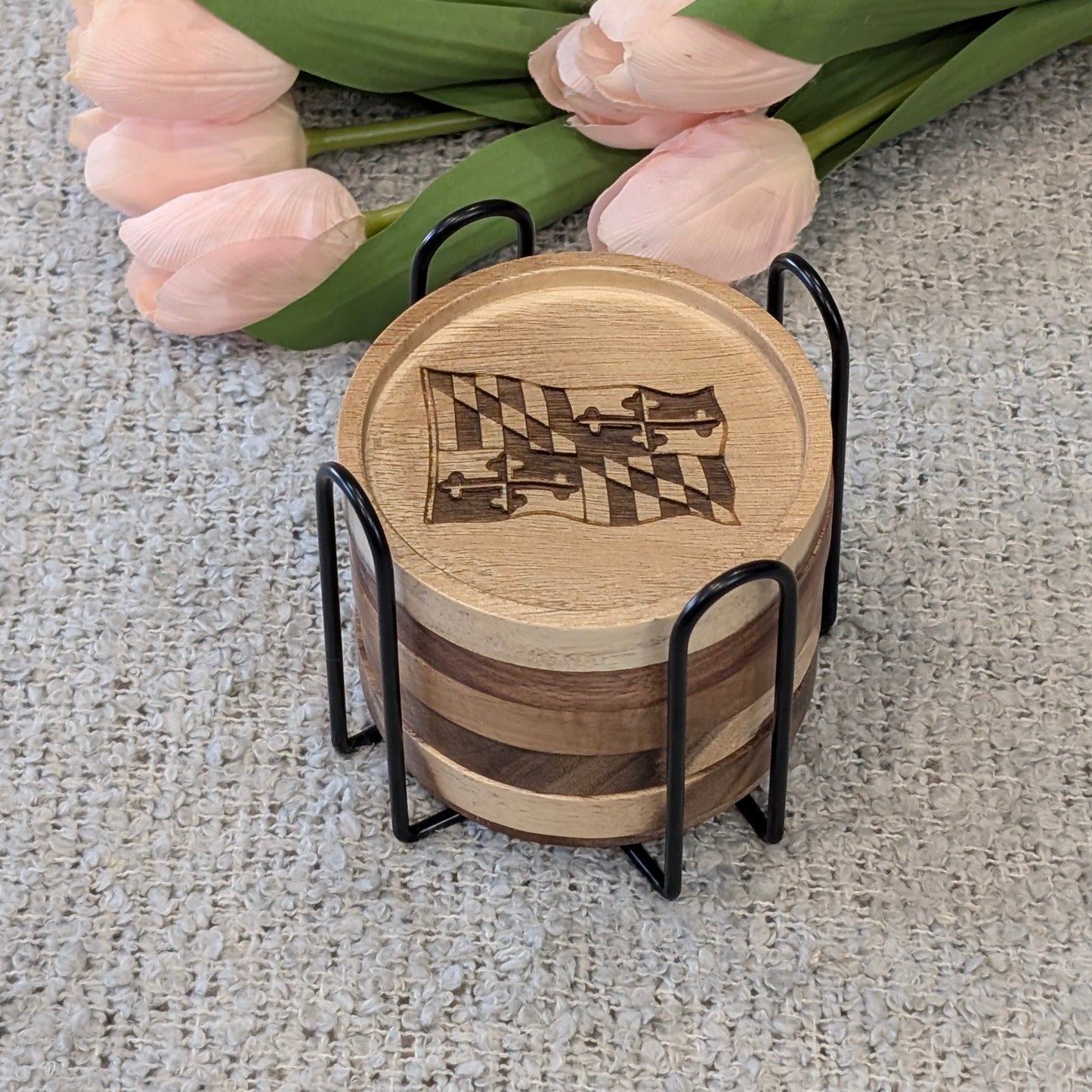 Maryland Themed Wood Coaster Set with Holder