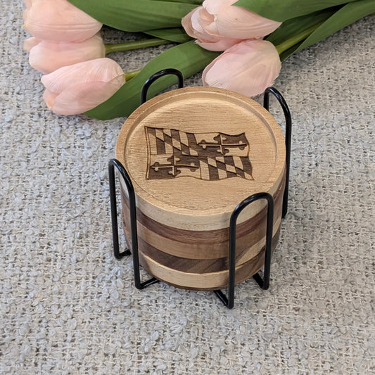 Maryland Themed Wood Coaster Set with Holder