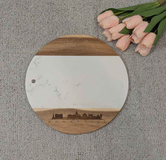 Maryland Themed Skylines and Landmarks Round Marble and Acacia Board