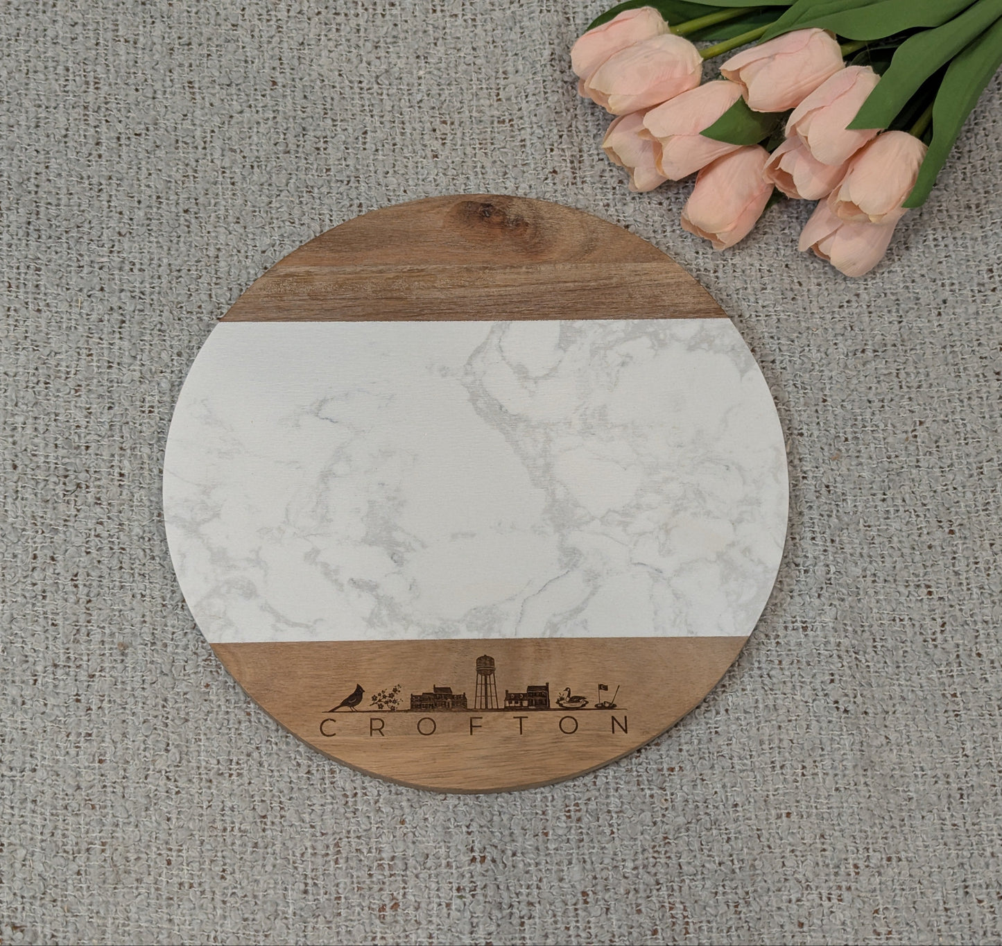 Maryland Themed Skylines and Landmarks Round Marble and Acacia Board