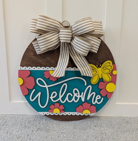 Teal Floral Welcome Door Hanger