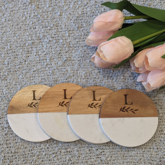 Personalized Marble & Acacia Coasters image 0