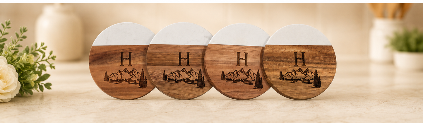 Mountain Vista Personalized Cutting Board & Coaster Set